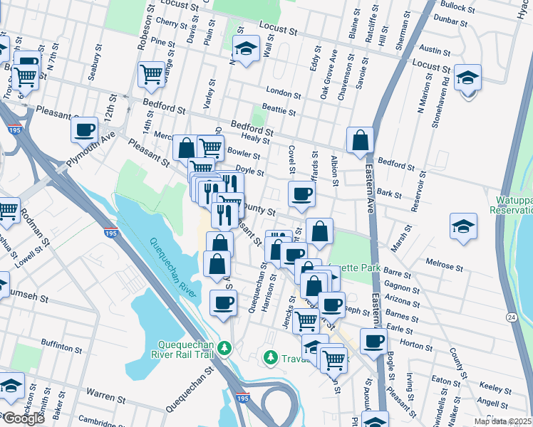 map of restaurants, bars, coffee shops, grocery stores, and more near 142 County Street in Fall River