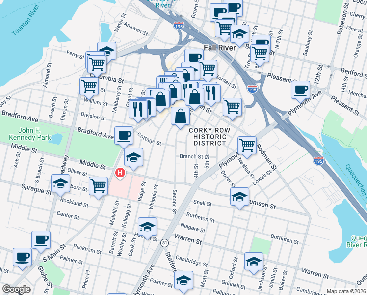 map of restaurants, bars, coffee shops, grocery stores, and more near 513 Third Street in Fall River