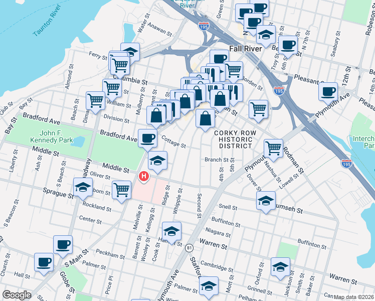 map of restaurants, bars, coffee shops, grocery stores, and more near 109 Whipple Street in Fall River