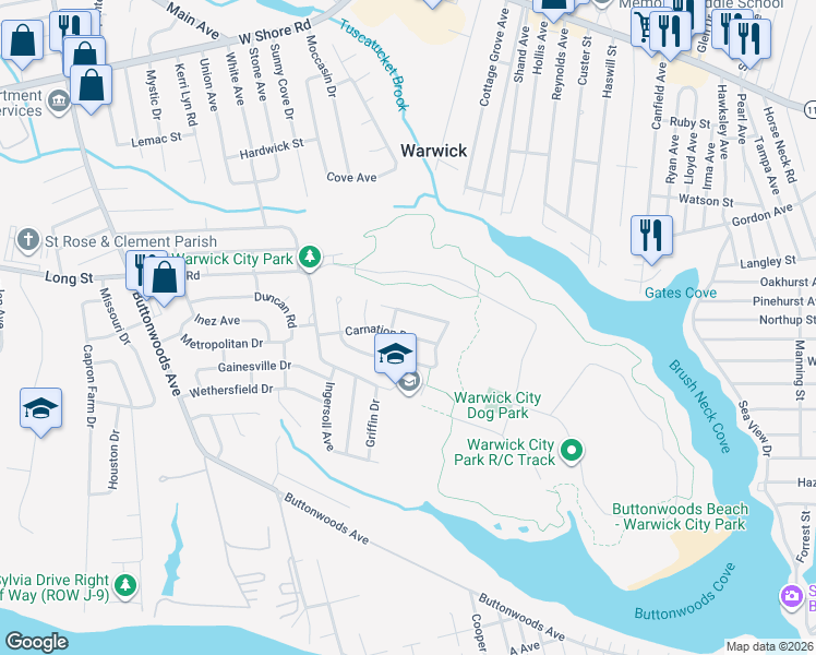 map of restaurants, bars, coffee shops, grocery stores, and more near 271 Shamrock Drive in Warwick