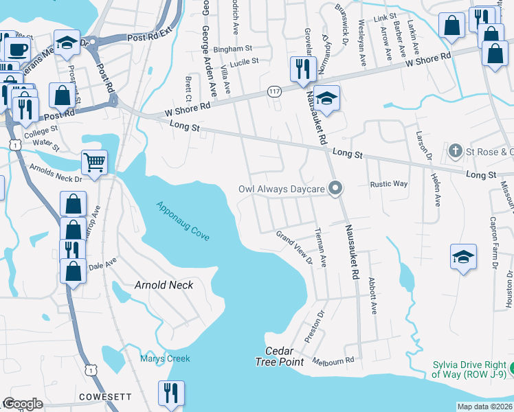 map of restaurants, bars, coffee shops, grocery stores, and more near 145 Oak Tree Avenue in Warwick