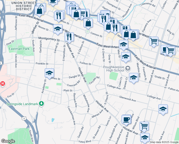 map of restaurants, bars, coffee shops, grocery stores, and more near 11 Hanscom Avenue in Poughkeepsie