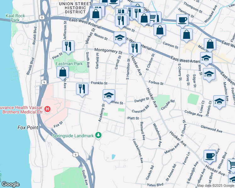 map of restaurants, bars, coffee shops, grocery stores, and more near 76 Carroll Street in Poughkeepsie