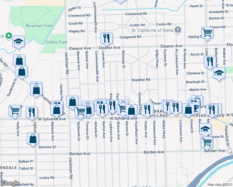 map of restaurants, bars, coffee shops, grocery stores, and more near 4211 Parrakeet Avenue in Toledo