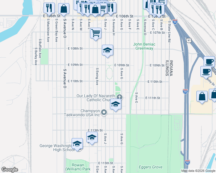 map of restaurants, bars, coffee shops, grocery stores, and more near 10958 South Avenue J in Chicago