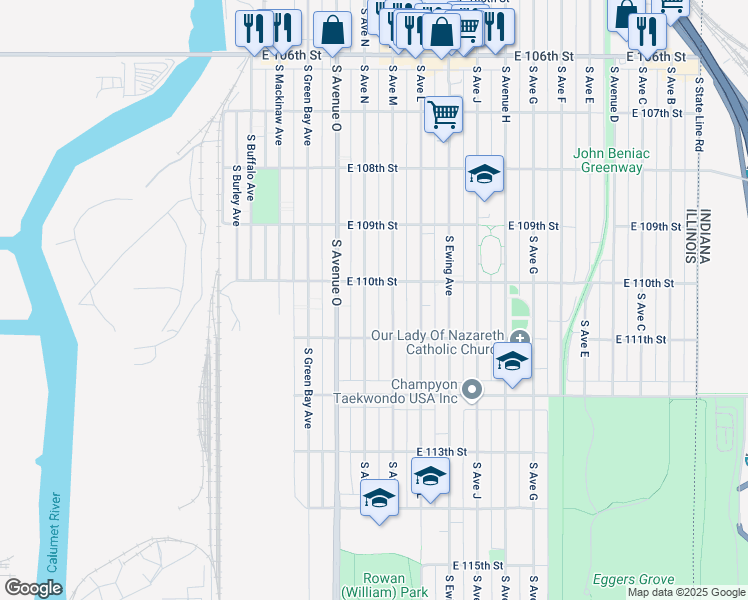 map of restaurants, bars, coffee shops, grocery stores, and more near 10959 South Avenue North in Chicago