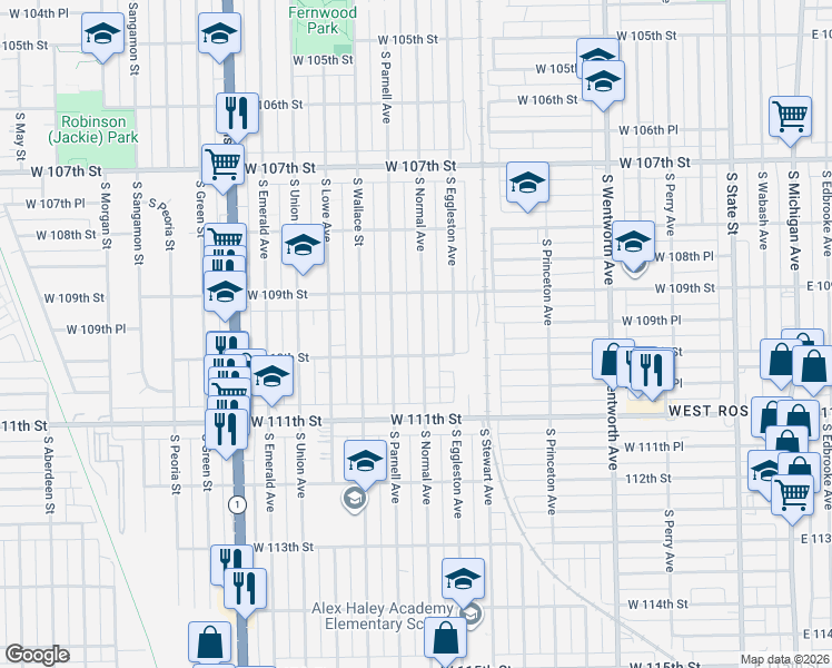map of restaurants, bars, coffee shops, grocery stores, and more near 10921 South Parnell Avenue in Chicago