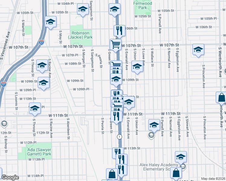 map of restaurants, bars, coffee shops, grocery stores, and more near 10913 South Green Street in Chicago
