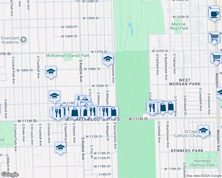 map of restaurants, bars, coffee shops, grocery stores, and more near 10848 South Sacramento Avenue in Chicago