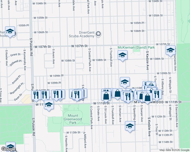 map of restaurants, bars, coffee shops, grocery stores, and more near 10847 South Drake Avenue in Chicago