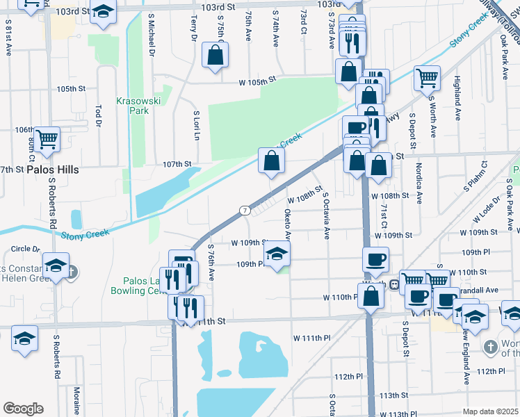 map of restaurants, bars, coffee shops, grocery stores, and more near 9176 Southwest Highway in Worth