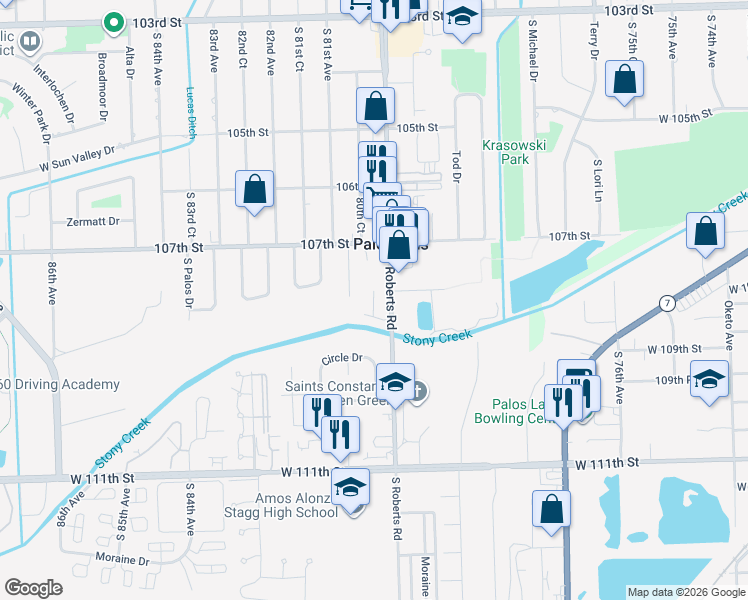 map of restaurants, bars, coffee shops, grocery stores, and more near 10802 South Roberts Road in Palos Hills
