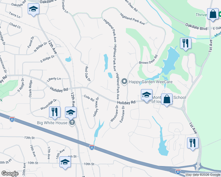 map of restaurants, bars, coffee shops, grocery stores, and more near 1611 Pine Ridge Court in Coralville