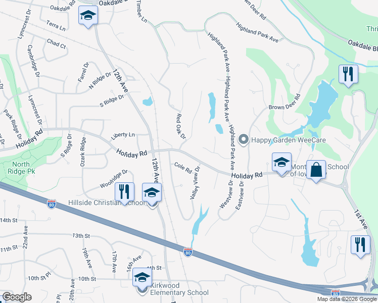 map of restaurants, bars, coffee shops, grocery stores, and more near 1601 Oak Lake Park Road in Coralville