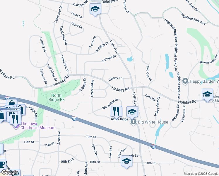 map of restaurants, bars, coffee shops, grocery stores, and more near 1970 Holiday Road in Coralville