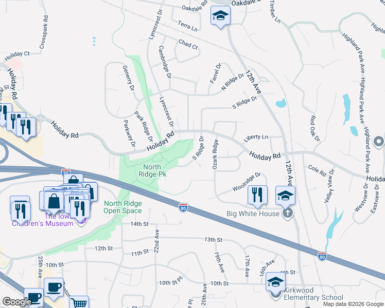 map of restaurants, bars, coffee shops, grocery stores, and more near 2050 South Ridge Drive in Coralville