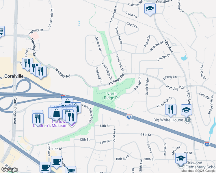 map of restaurants, bars, coffee shops, grocery stores, and more near 1700 Park Ridge Drive in Coralville