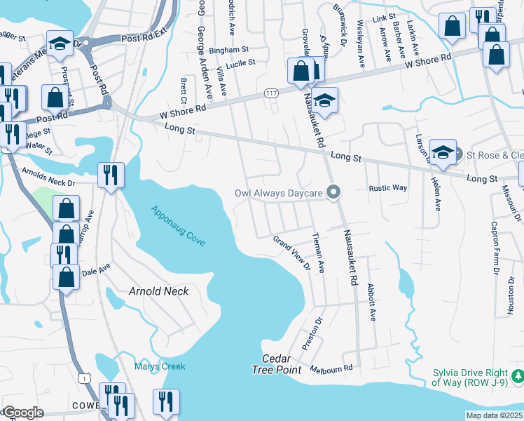 map of restaurants, bars, coffee shops, grocery stores, and more near 11 Grand View Drive in Warwick