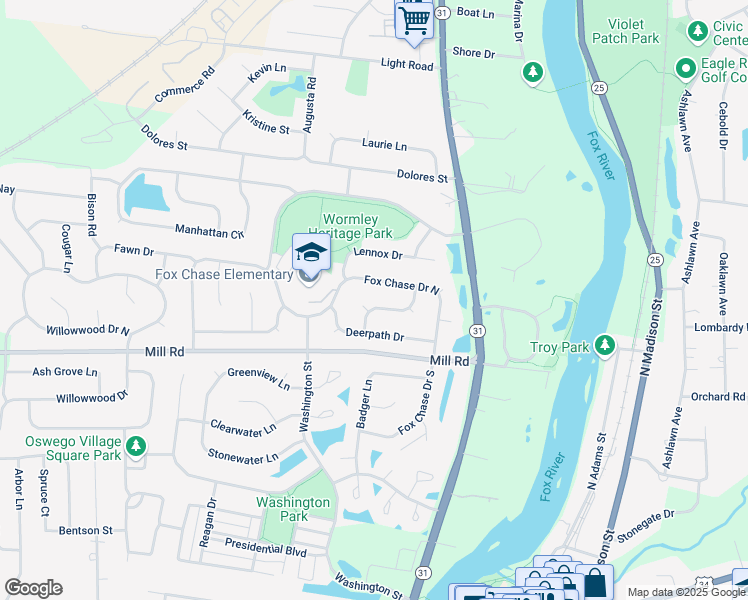 map of restaurants, bars, coffee shops, grocery stores, and more near 237 Fox Chase Drive South in Oswego