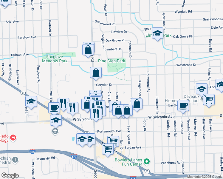 map of restaurants, bars, coffee shops, grocery stores, and more near 3134 Corydon Drive in Toledo