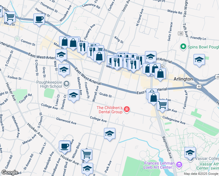 map of restaurants, bars, coffee shops, grocery stores, and more near 418 Baker Street in Poughkeepsie
