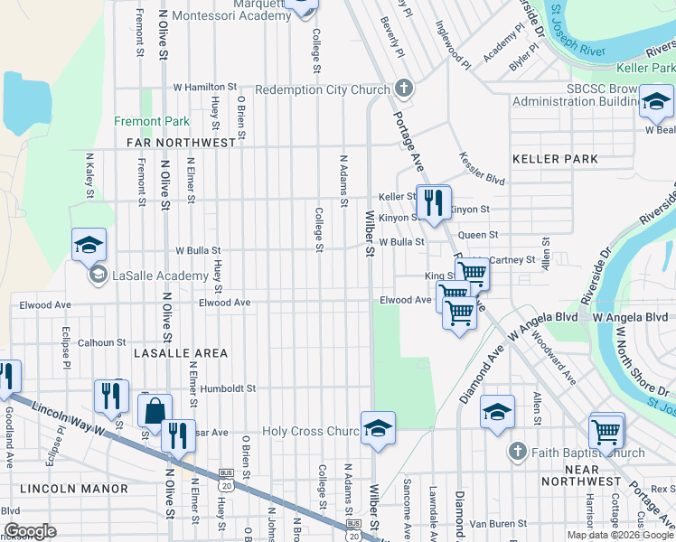 map of restaurants, bars, coffee shops, grocery stores, and more near 1525 North Adams Street in South Bend