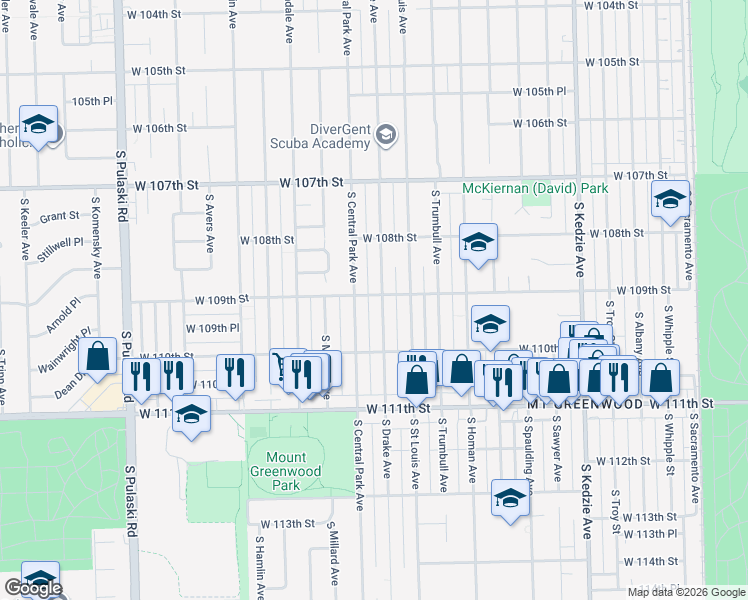 map of restaurants, bars, coffee shops, grocery stores, and more near 10847 South Drake Avenue in Chicago