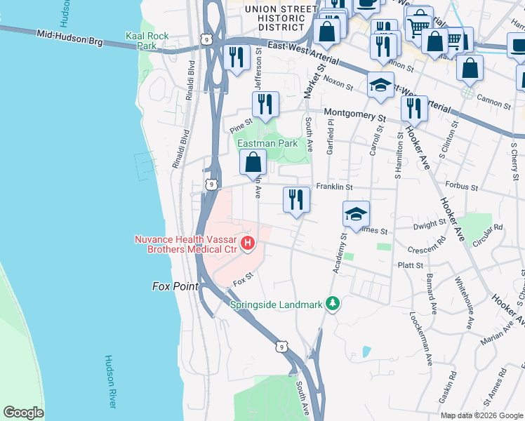 map of restaurants, bars, coffee shops, grocery stores, and more near 58 Lincoln Avenue in Poughkeepsie