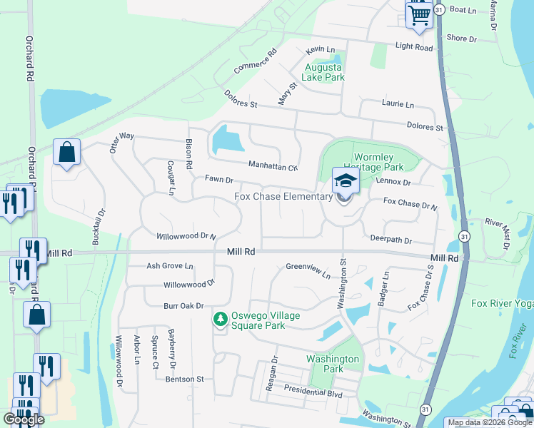 map of restaurants, bars, coffee shops, grocery stores, and more near 299 Fox Chase Drive North in Oswego