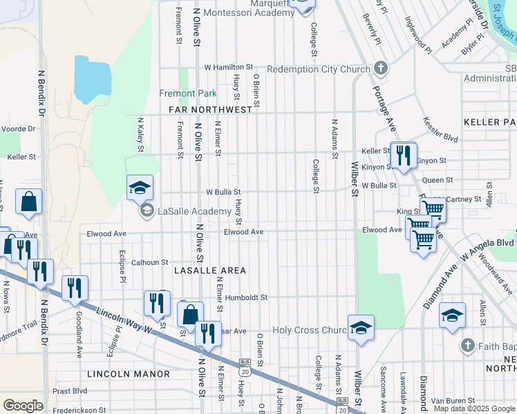 map of restaurants, bars, coffee shops, grocery stores, and more near 1522 Obrien Street in South Bend