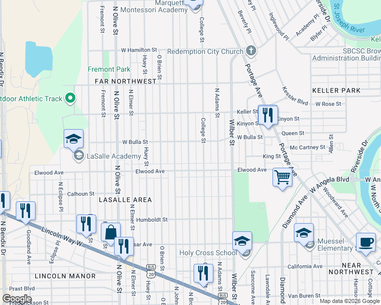 map of restaurants, bars, coffee shops, grocery stores, and more near 1506 North Brookfield Street in South Bend