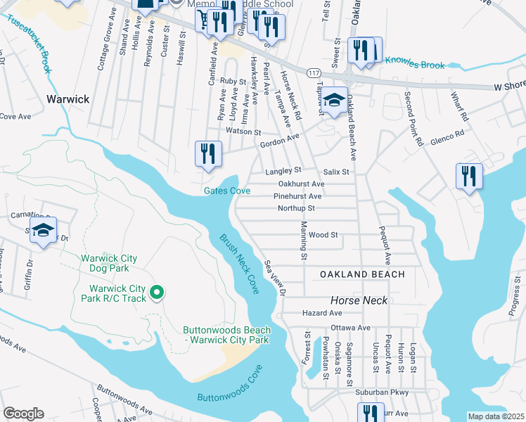 map of restaurants, bars, coffee shops, grocery stores, and more near 160 Pinehurst Avenue in Warwick