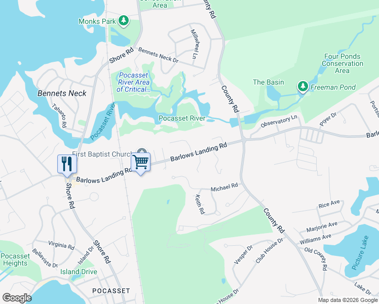 map of restaurants, bars, coffee shops, grocery stores, and more near 2 Ellen Lane in Bourne