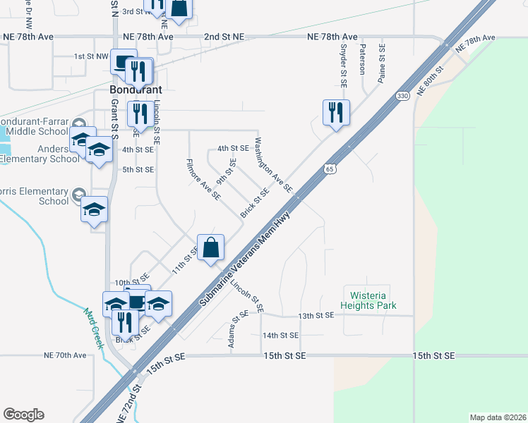 map of restaurants, bars, coffee shops, grocery stores, and more near 701 Brick Street Southeast in Bondurant