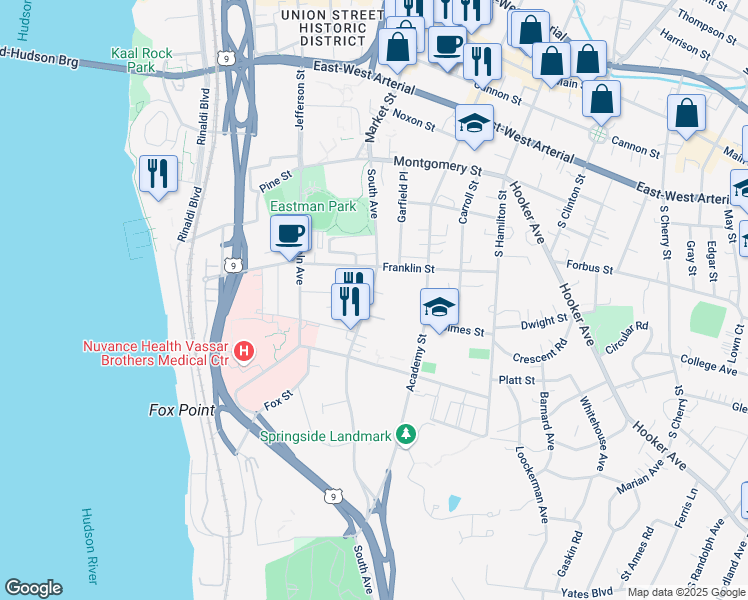 map of restaurants, bars, coffee shops, grocery stores, and more near 115 South Avenue in Poughkeepsie
