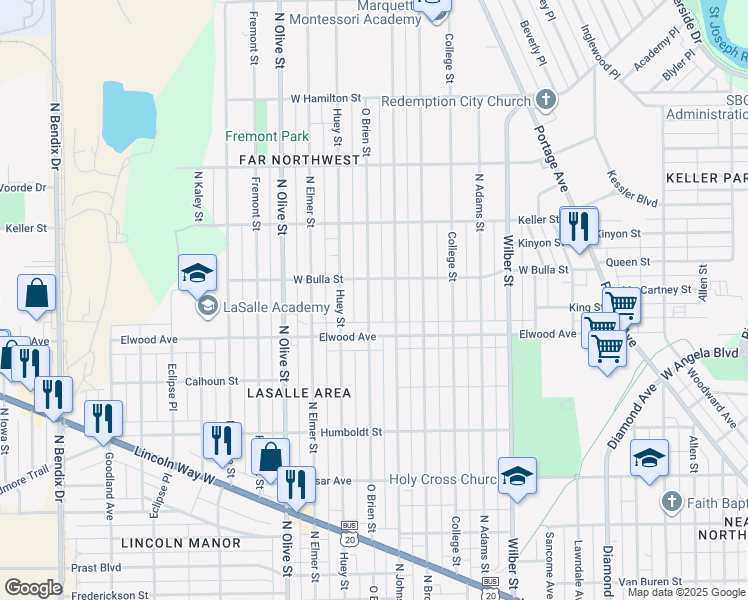 map of restaurants, bars, coffee shops, grocery stores, and more near 1506 Obrien Street in South Bend