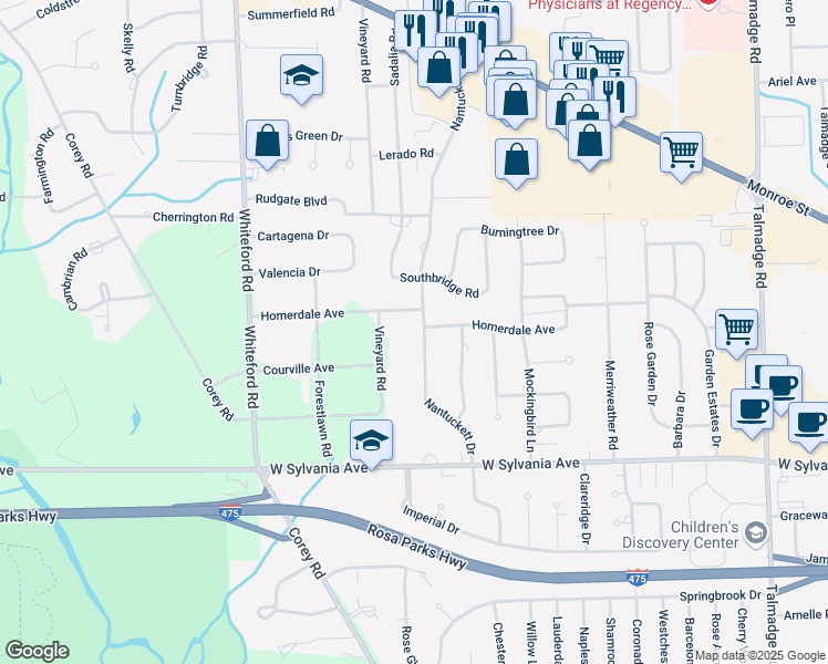 map of restaurants, bars, coffee shops, grocery stores, and more near 4233 Nantuckett Drive in Toledo