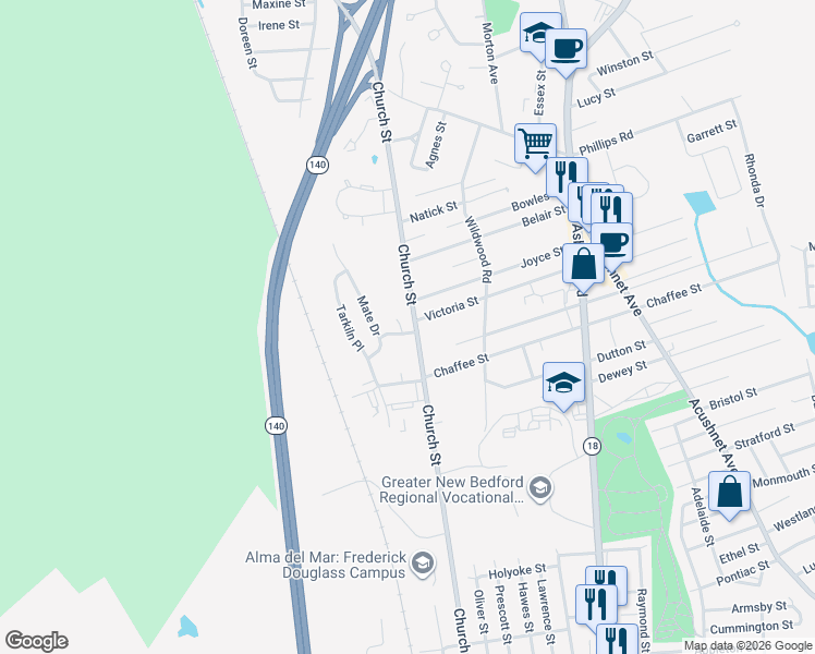 map of restaurants, bars, coffee shops, grocery stores, and more near 29 Schooner Court in New Bedford