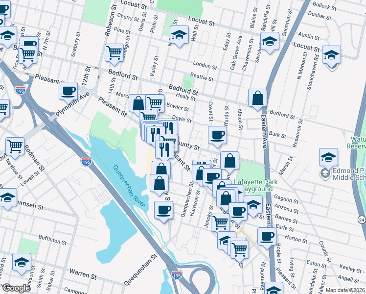 map of restaurants, bars, coffee shops, grocery stores, and more near 142 County Street in Fall River