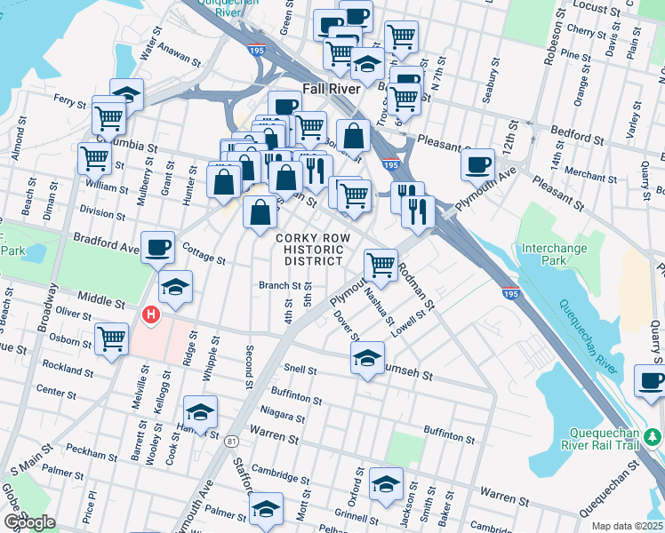 map of restaurants, bars, coffee shops, grocery stores, and more near 270 Morgan Street in Fall River