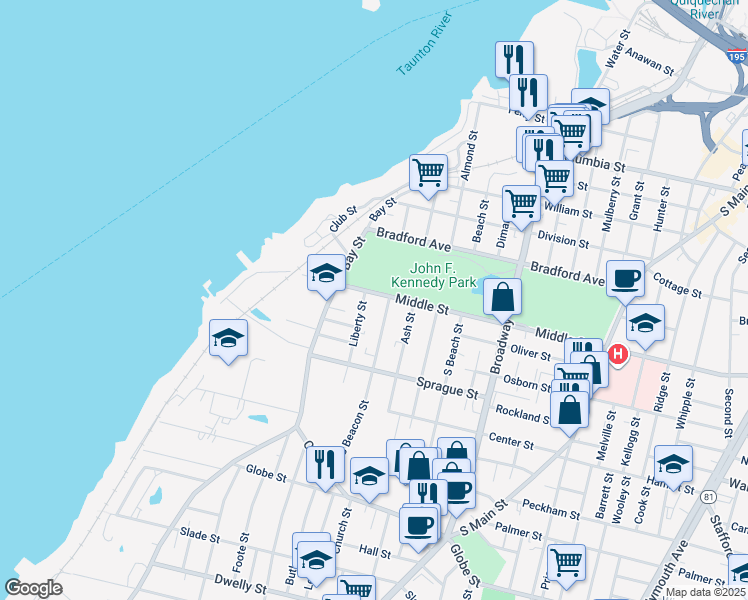 map of restaurants, bars, coffee shops, grocery stores, and more near 151 Middle Street in Fall River