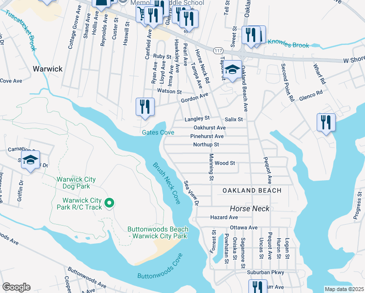 map of restaurants, bars, coffee shops, grocery stores, and more near 160 Pinehurst Avenue in Warwick