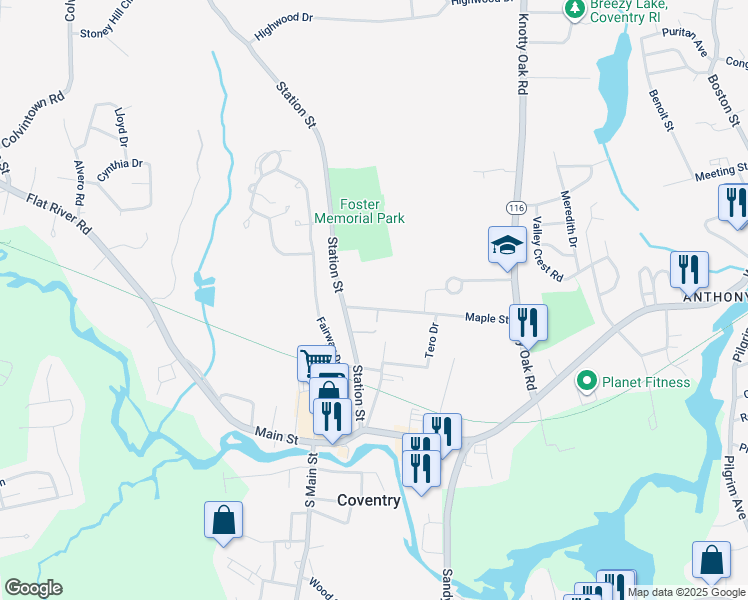 map of restaurants, bars, coffee shops, grocery stores, and more near 34 Maple Street in Coventry