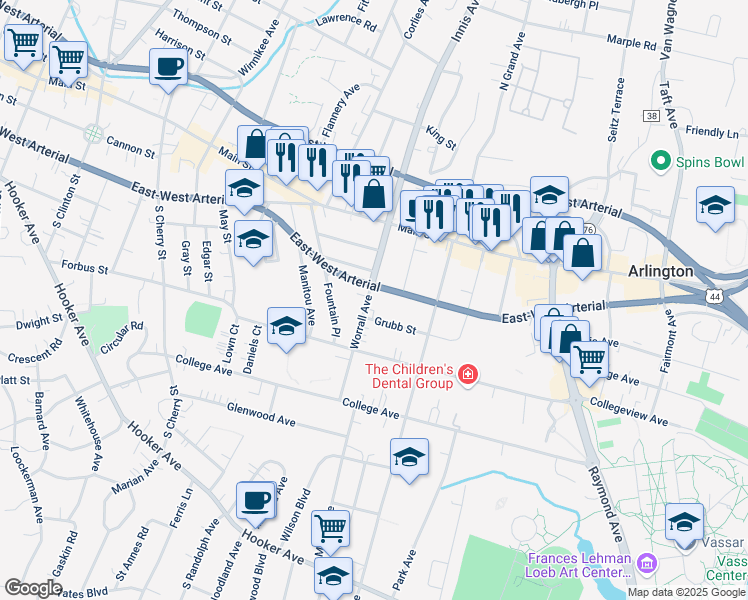 map of restaurants, bars, coffee shops, grocery stores, and more near 32 Worrall Avenue in Poughkeepsie