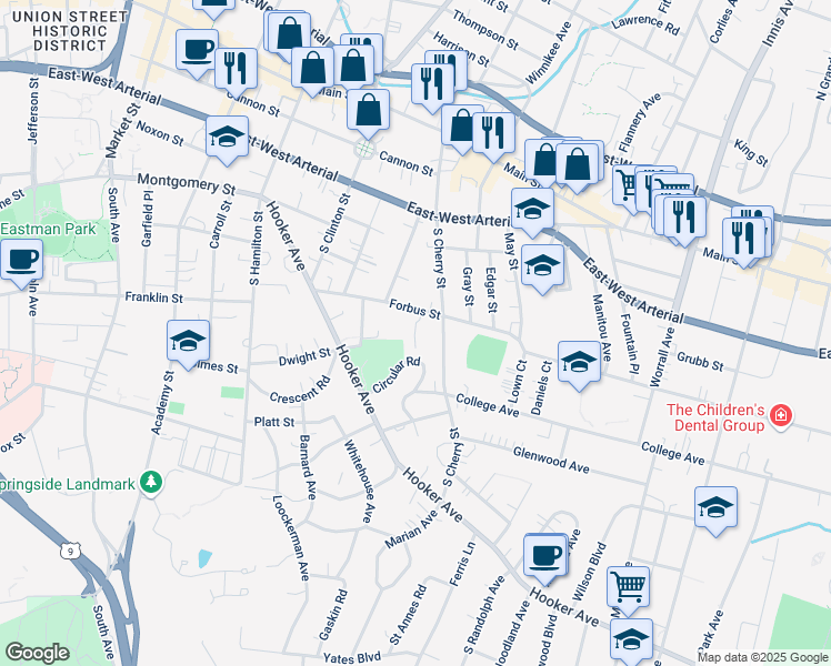 map of restaurants, bars, coffee shops, grocery stores, and more near 37 Forbus Street in Poughkeepsie