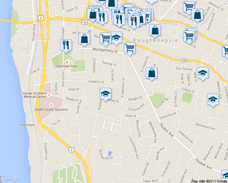 map of restaurants, bars, coffee shops, grocery stores, and more near 76 Carroll Street in Poughkeepsie