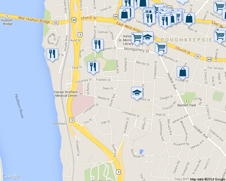 map of restaurants, bars, coffee shops, grocery stores, and more near 22 Dean Place in Poughkeepsie