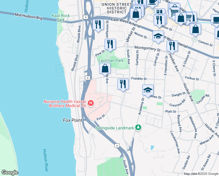 map of restaurants, bars, coffee shops, grocery stores, and more near 46 Lincoln Avenue in Poughkeepsie