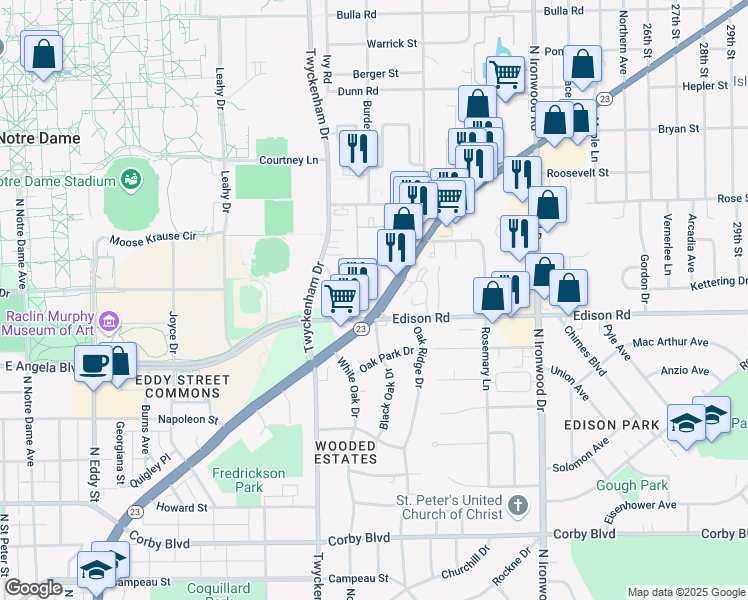 map of restaurants, bars, coffee shops, grocery stores, and more near 1707 South Bend Avenue in South Bend