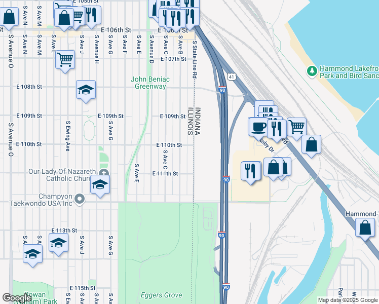 map of restaurants, bars, coffee shops, grocery stores, and more near 10958 South State Line Road in Chicago